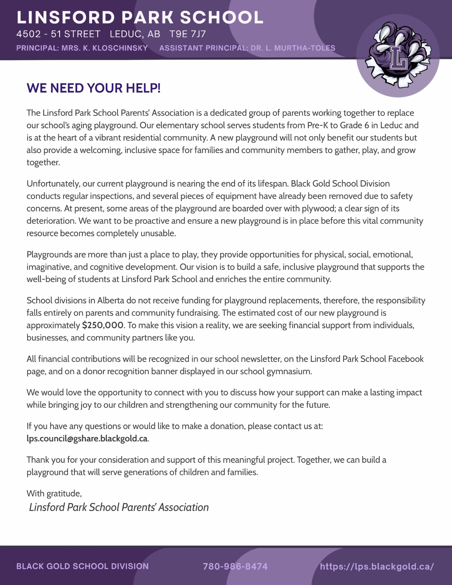 LPS PLAYGROUND DONATION LETTER